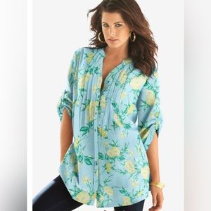 Roaman's English Floral Big Shirt. Long Tunic Length Button-down Blouse. 26W